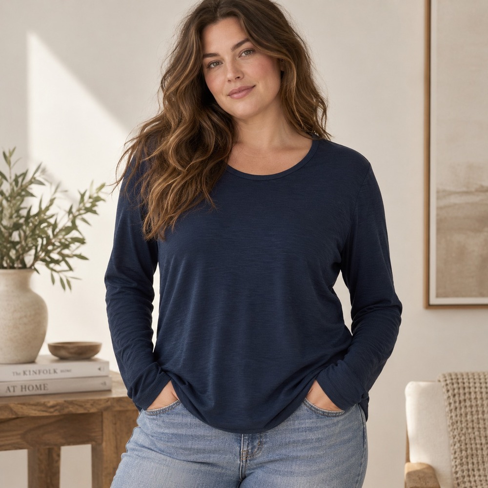 James Perse Cotton Modal Long Sleeve Tee Sz 3 US L Navy Layering Quiet Luxury